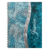 スタイリッシュターコイズ銀グリッター葉モノグラム ノートブック (正面)