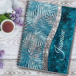 スタイリッシュターコイズ銀グリッター葉モノグラム ノートブック