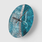 スタイリッシュターコイズ銀グリッター葉モノグラム ラウンド壁時計 (傾斜)