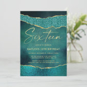 スタイリッシュターコイズ&金ゴールドアガテ16誕生日 招待状 (スタンド正面)