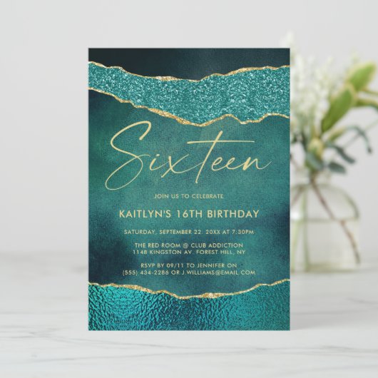 スタイリッシュターコイズ&金ゴールドアガテ16誕生日 招待状 (スタンド正面)