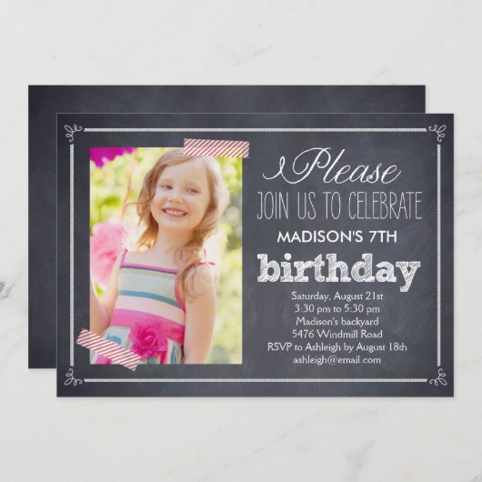 スタイリッシュチャークフォト誕生日招待状 招待状 (正面/裏面)