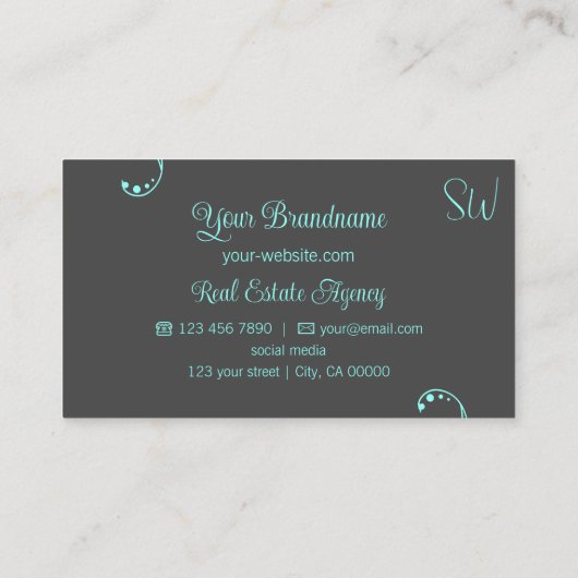 スタイリッシュティール（緑がかった色）とグレイモダン華美モノグラム 名刺 (裏面)