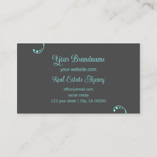 スタイリッシュティール(緑がかった色)とグレーと華美ポートレート写真 名刺 (裏面)