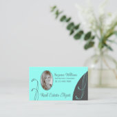 スタイリッシュティール（緑がかった色）とグレーと華美ポートレート写真 名刺 (スタンド正面)