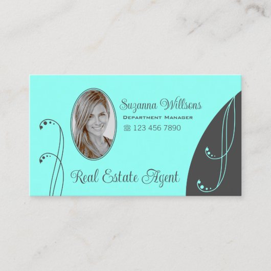 スタイリッシュティール(緑がかった色)とグレーと華美ポートレート写真 名刺 (正面)