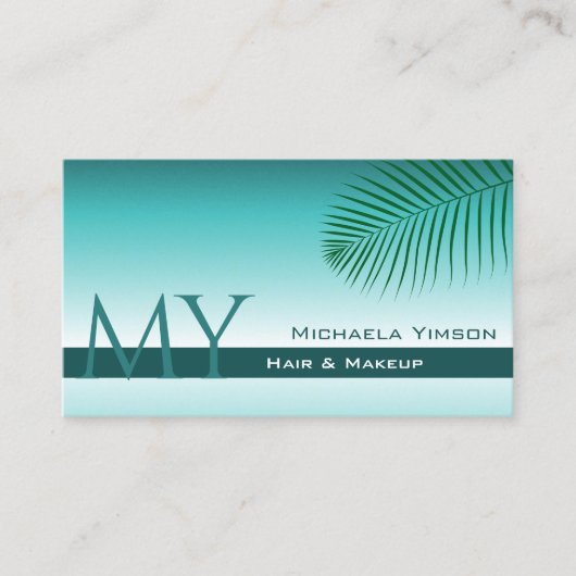 スタイリッシュティール（緑がかった色）グラディエント手のひら葉モノグラムとロゴ 名刺 (正面)