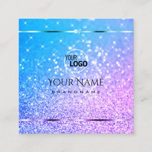 スタイリッシュティール（緑がかった色）パープルグリッタースパークルスター追加ロゴ スクエア名刺 (正面)