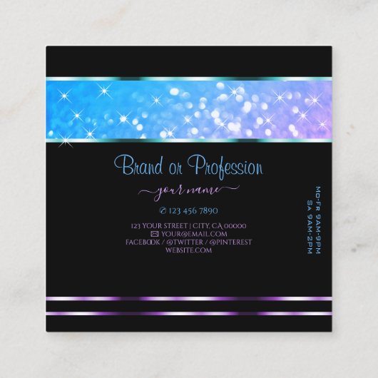 スタイリッシュティール（緑がかった色）パープルグリッタースパークルスター追加ロゴ スクエア名刺 (裏面)