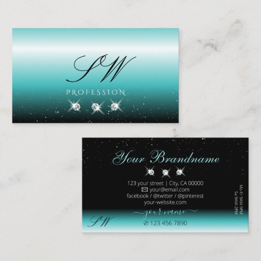 スタイリッシュティール（緑がかった色）ブラックグラデーションスパークルダイヤモンドモノグラム 名刺 (正面/裏面)