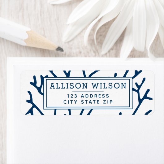 スタイリッシュティール(緑がかった色)ブルーコーラルパターン – 海テーマ ラベル (インサイチュ)