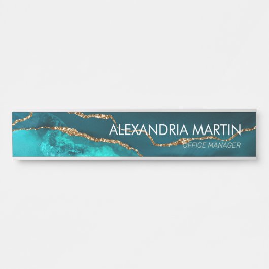 スタイリッシュティール(緑がかった色)モダン金ゴールドグリッターマーブルドアサイン サインプレート (正面)