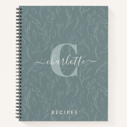スタイリッシュティール（緑がかった色）植物学モノグラムレシピ ノートブック (正面)