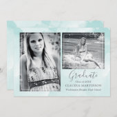 スタイリッシュティール（緑がかった色）背景2枚の写真卒業 案内状 (正面/裏面)
