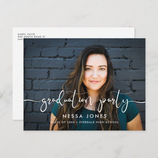 スタイリッシュデザインフォト卒業パーティーの招待 ポストカード (正面/裏面)