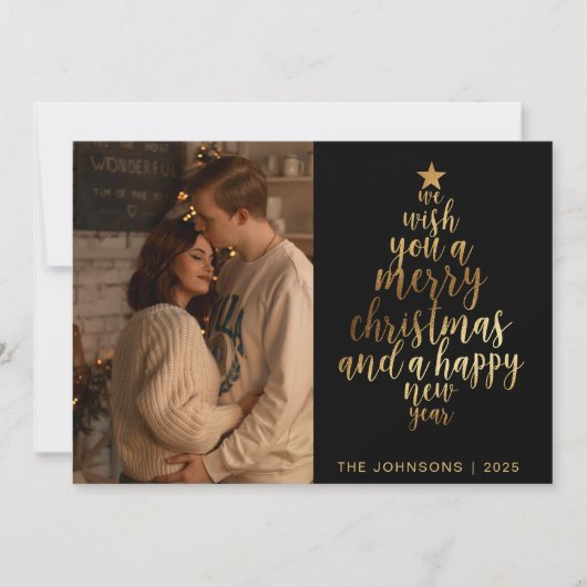 スタイリッシュトレンディーブラック&金ゴールドファミリーフォトクリスマス シーズンカード (正面)