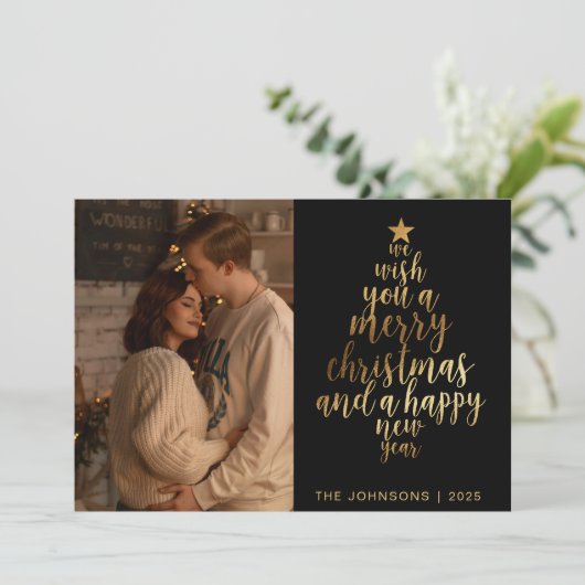 スタイリッシュトレンディーブラック&金ゴールドファミリーフォトクリスマス シーズンカード (スタンド正面)