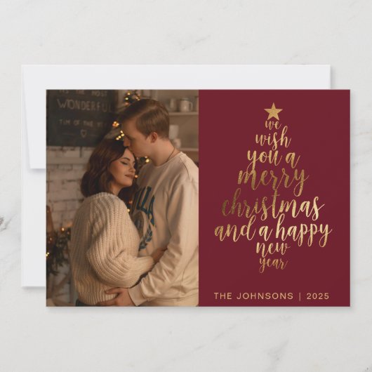 スタイリッシュトレンディーレッド&金ゴールドファミリーフォトクリスマス シーズンカード (正面)