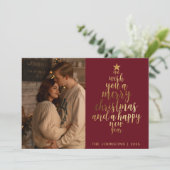 スタイリッシュトレンディーレッド&金ゴールドファミリーフォトクリスマス シーズンカード (スタンド正面)