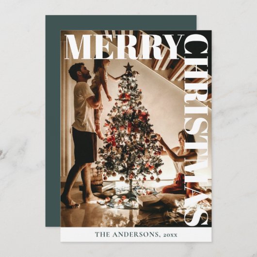 スタイリッシュトレンディー家族の写真 | 濃い緑のクリスマス シーズンカード (正面/裏面)