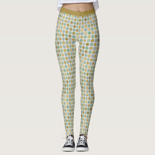 スタイリッシュトレンディー金ゴールドティール(緑がかった色)水玉模様パターンヨガ レギンス (正面)