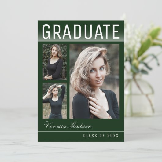 スタイリッシュトレンディー3モダンフォトグリーン卒業 案内状 (スタンド正面)