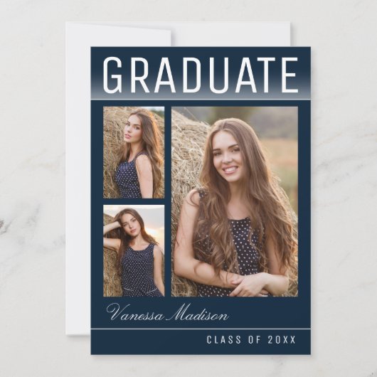 スタイリッシュトレンディー3モダンフォトネイビーブルー卒業 案内状 (正面)