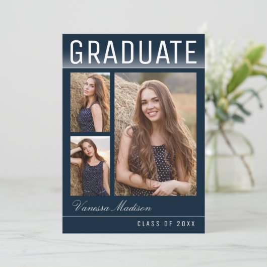 スタイリッシュトレンディー3モダンフォトネイビーブルー卒業 案内状 (スタンド正面)