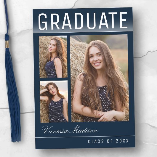 スタイリッシュトレンディー3モダンフォトネイビーブルー卒業 案内状