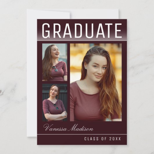 スタイリッシュトレンディー3モダン写真ブルゴーニュ卒業 案内状 (正面)