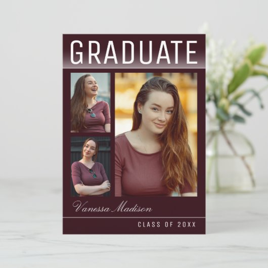 スタイリッシュトレンディー3モダン写真ブルゴーニュ卒業 案内状 (スタンド正面)
