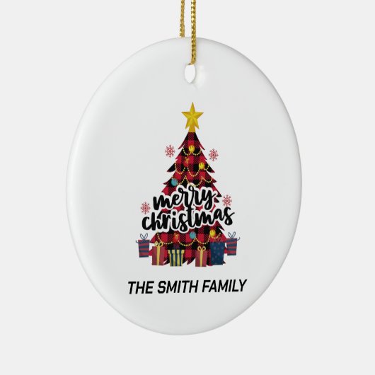スタイリッシュバッファローレッドプレイドクリスマスツリー&ギフト セラミックオーナメント (右)