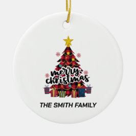 スタイリッシュバッファローレッドプレイドクリスマスツリー&ギフト セラミックオーナメント
