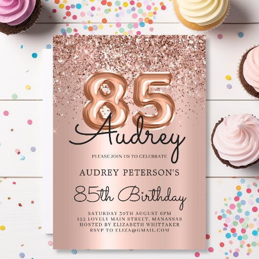 スタイリッシュバラ金ゴールドグリッターバルーン85th誕生日 招待状