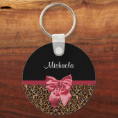 スタイリッシュヒョウエレガント柄の赤い弓と名前 キーホルダー (正面)