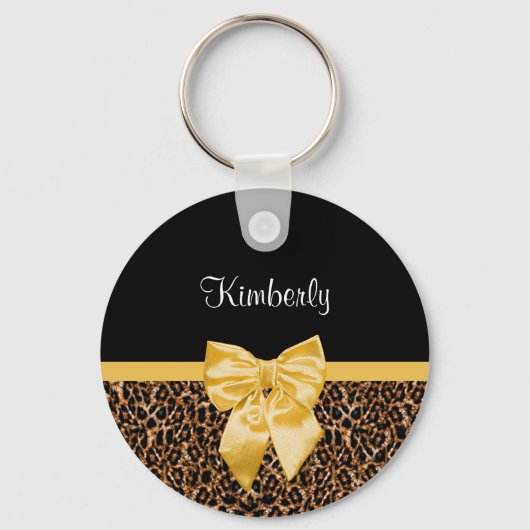 スタイリッシュヒョウエレガント柄の黄色い弓と名前 キーホルダー (正面)