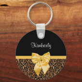 スタイリッシュヒョウエレガント柄の黄色い弓と名前 キーホルダー (正面)