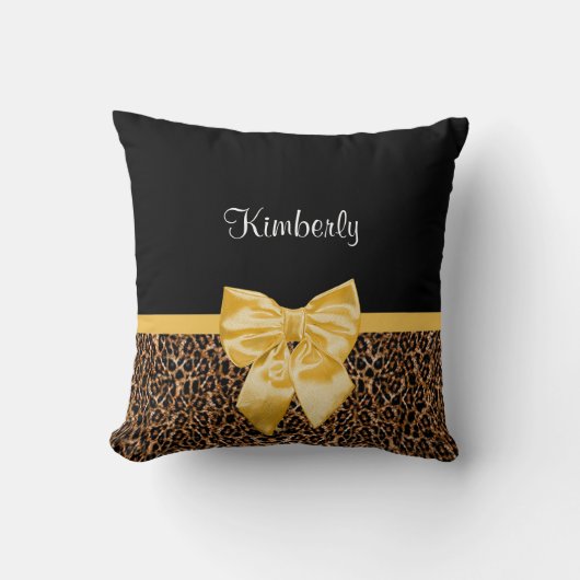 スタイリッシュヒョウエレガント柄の黄色い弓と名前 クッション (正面)