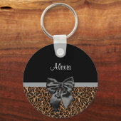 スタイリッシュヒョウエレガント柄ブラックボウと名前 キーホルダー (正面)