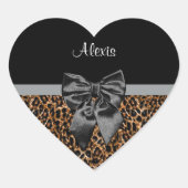 スタイリッシュヒョウエレガント柄ブラックボウと名前 ハートシール (正面)