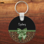 スタイリッシュヒョウエレガント柄Green Bow and Name キーホルダー (正面)