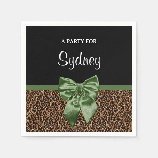 スタイリッシュヒョウ印エレガント刷グリーンボウパーティー名 スタンダードカクテルナプキン (正面)
