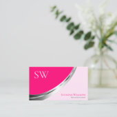 スタイリッシュピンクとシルバーデコールとモノグラムモダン 名刺 (スタンド正面)