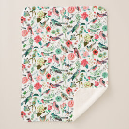 スタイリッシュピンクと緑の花と鳥 シェルパブランケット