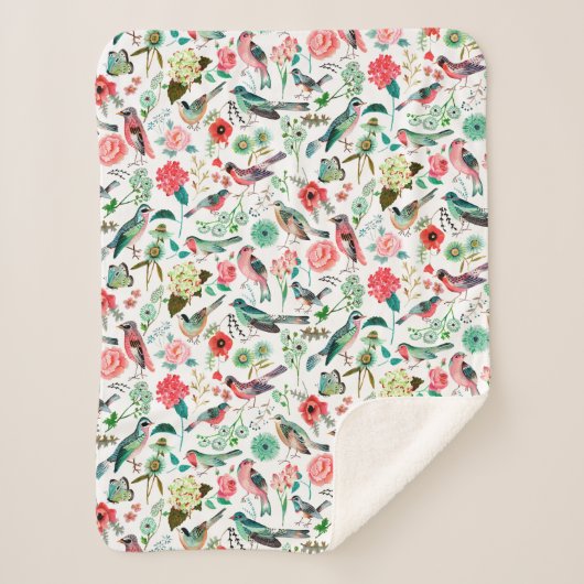 スタイリッシュピンクと緑の花と鳥 シェルパブランケット (正面)