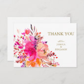 スタイリッシュピンクエレガントフローラカスタムウェディングフラット サンキューカード (正面/裏面)