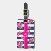 スタイリッシュピンクネイビーストライプのフローラシック・モノグラム ラゲッジタグ (正面縦)