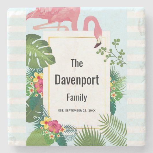 スタイリッシュピンクフラミンゴとトロピカル葉スストーン ストーンコースター (正面)