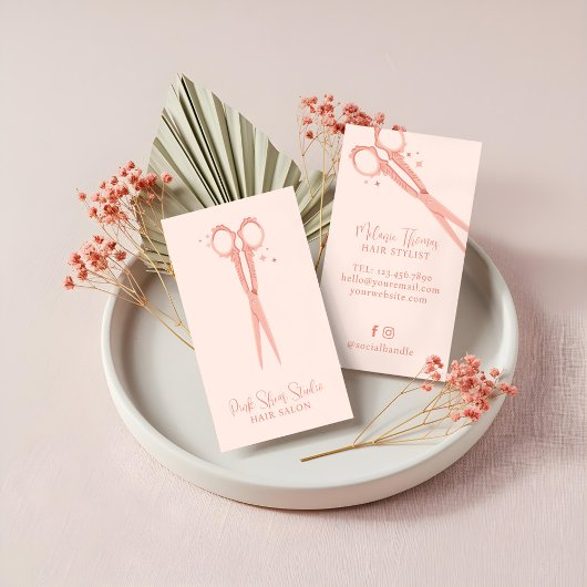スタイリッシュピンクヘアサロン ヴィンテージスパークルハサミ 名刺