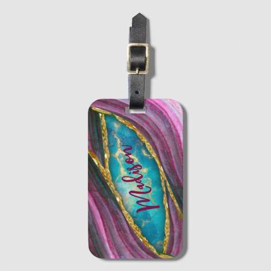 スタイリッシュピンク大理石アーフェイクト金ゴールドグリッター ラゲッジタグ (正面縦)